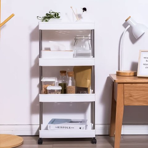 Plastikowy regał łazienkowy z 4 półkami kółka biały ModernHome Plastikowy regał łazienkowy z 4 półkami kółka biały ModernHome