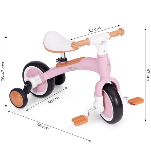 Rower rowerek biegowy z pedałami - treningowy kółka boczne 3w1 różowy ECOTOYS Rower rowerek biegowy z pedałami - treningowy kółka boczne 3w1 różowy ECOTOYS