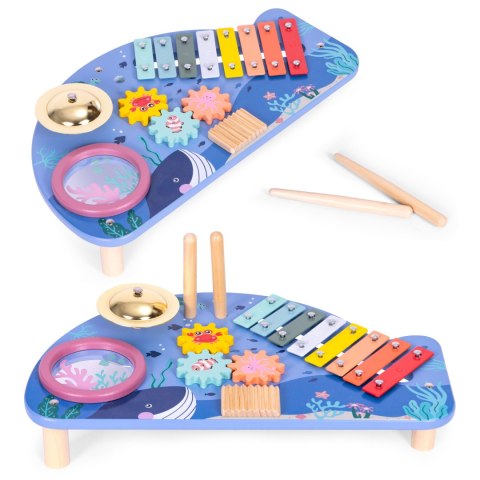 Stolik z instrumentami stół muzyczny cymbałki talerz perkusyjny tarka motyw morski ECOTOYS Stolik z instrumentami stół muzyczny cymbałki talerz perkusyjny tarka motyw morski ECOTOYS