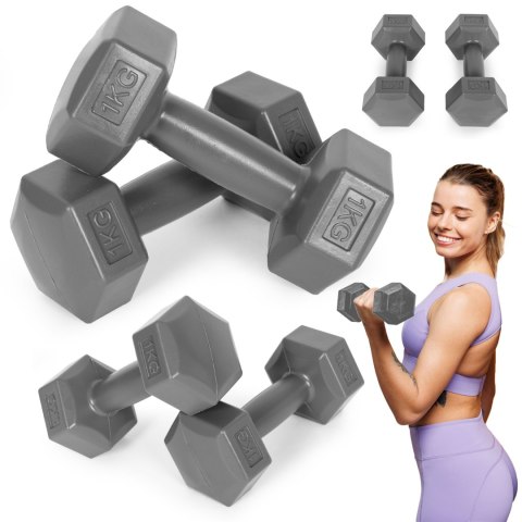 Hantle sześciokątne zestaw 2x1 kg ciężarki do ćwiczeń obciążniki fitness szare ModernHome Hantle sześciokątne zestaw 2x1 kg ciężarki do ćwiczeń obciążniki fitness szare ModernHome