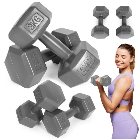 Hantle sześciokątne zestaw 2x3 kg ciężarki do ćwiczeń obciążniki fitness szare ModernHome Hantle sześciokątne zestaw 2x3 kg ciężarki do ćwiczeń obciążniki fitness szare ModernHome