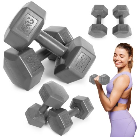 Hantle sześciokątne zestaw 2x5 kg ciężarki do ćwiczeń obciążniki fitness szare ModernHome Hantle sześciokątne zestaw 2x5 kg ciężarki do ćwiczeń obciążniki fitness szare ModernHome