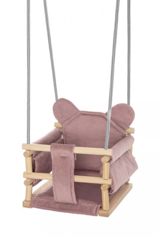 Huśtawka kubełkowa welurowa drewniana miś różowa HWMR6429