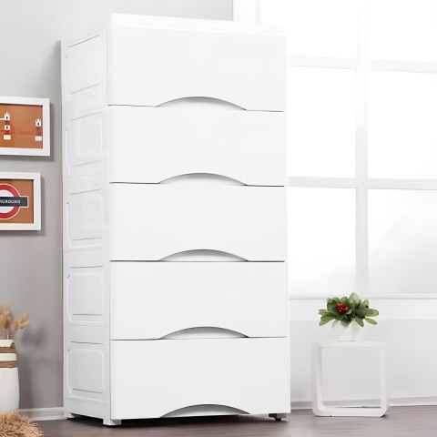 Regał z 5 wysuwanymi szufladami nogi z kółkami biały ModernHome Regał z 5 wysuwanymi szufladami nogi z kółkami biały ModernHome